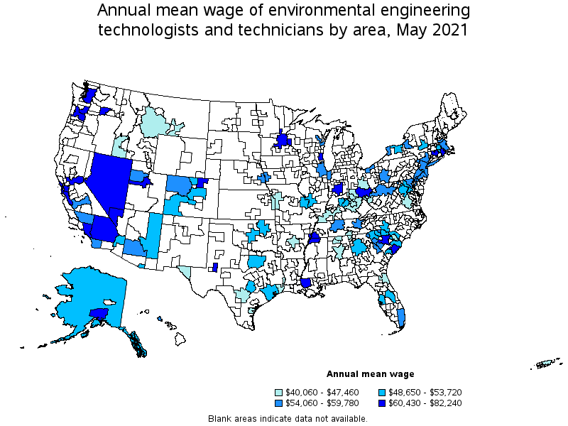Map of annual mean wages of environmental engineering technologists and technicians by area, May 2021