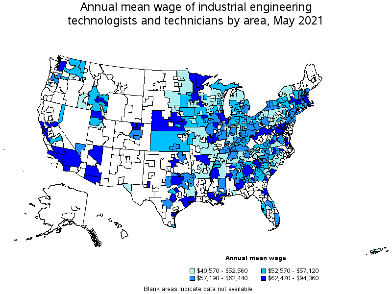 Map of annual mean wages of industrial engineering technologists and technicians by area, May 2021