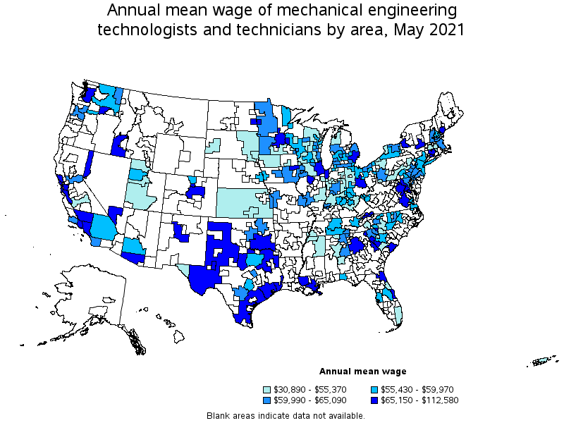 Map of annual mean wages of mechanical engineering technologists and technicians by area, May 2021