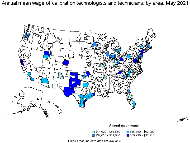 Map of annual mean wages of calibration technologists and technicians by area, May 2021