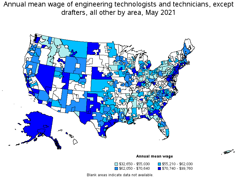 Map of annual mean wages of engineering technologists and technicians, except drafters, all other by area, May 2021