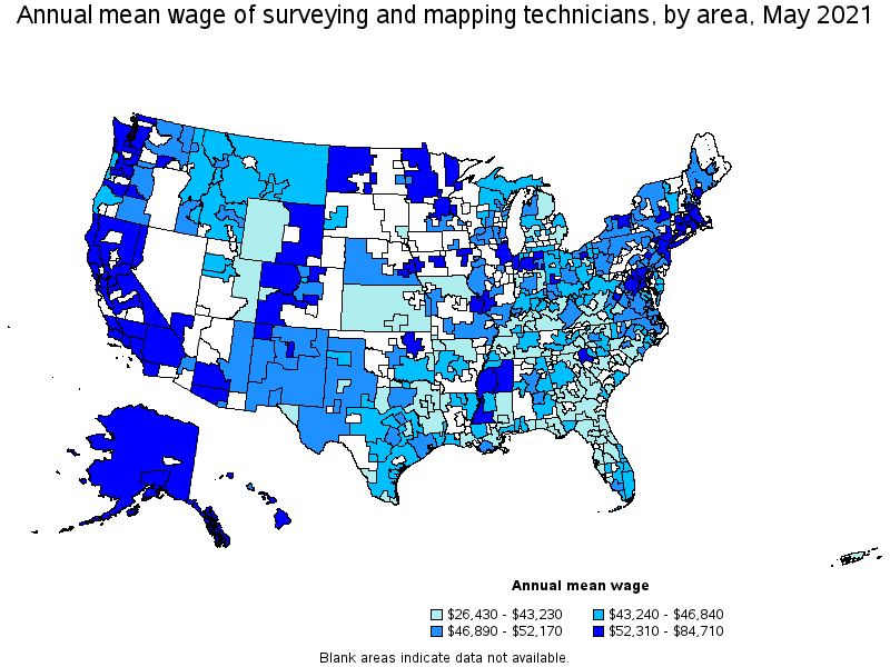 Map of annual mean wages of surveying and mapping technicians by area, May 2021