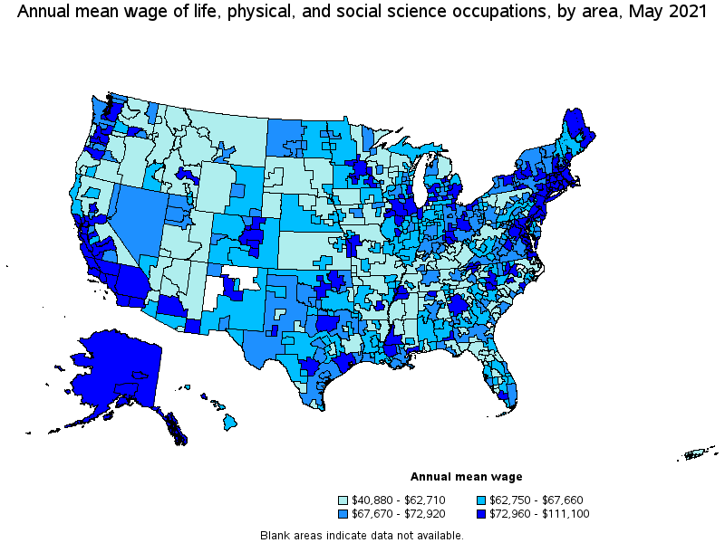 Map of annual mean wages of life, physical, and social science occupations by area, May 2021