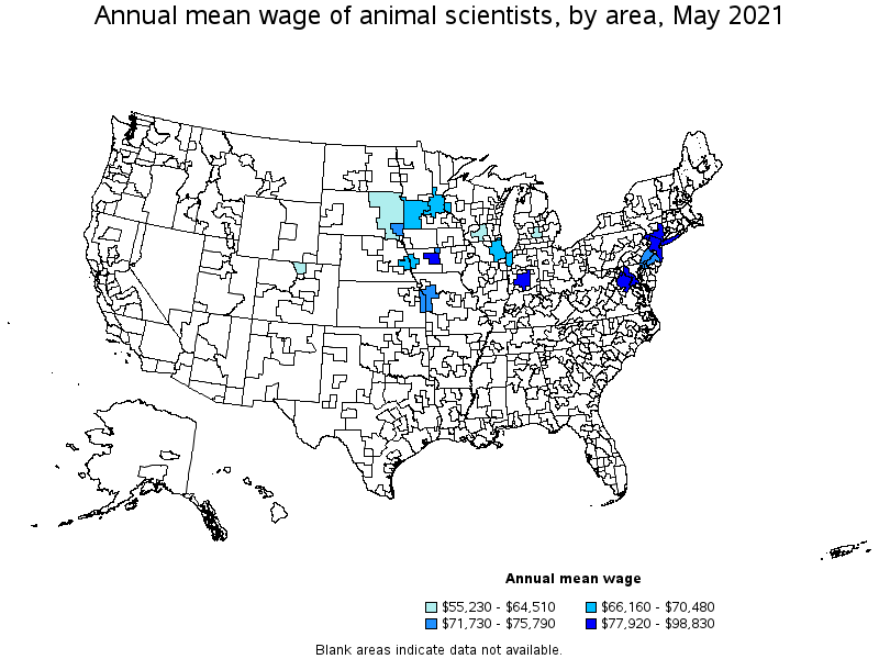 Map of annual mean wages of animal scientists by area, May 2021