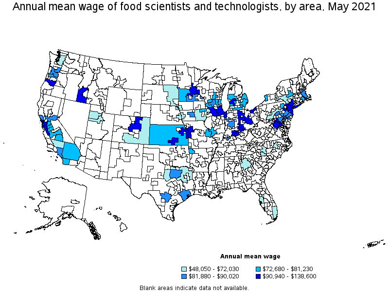 Map of annual mean wages of food scientists and technologists by area, May 2021