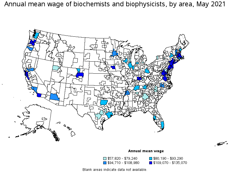 Map of annual mean wages of biochemists and biophysicists by area, May 2021