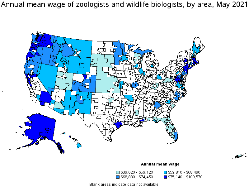 Map of annual mean wages of zoologists and wildlife biologists by area, May 2021