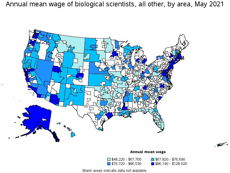 Map of annual mean wages of biological scientists, all other by area, May 2021