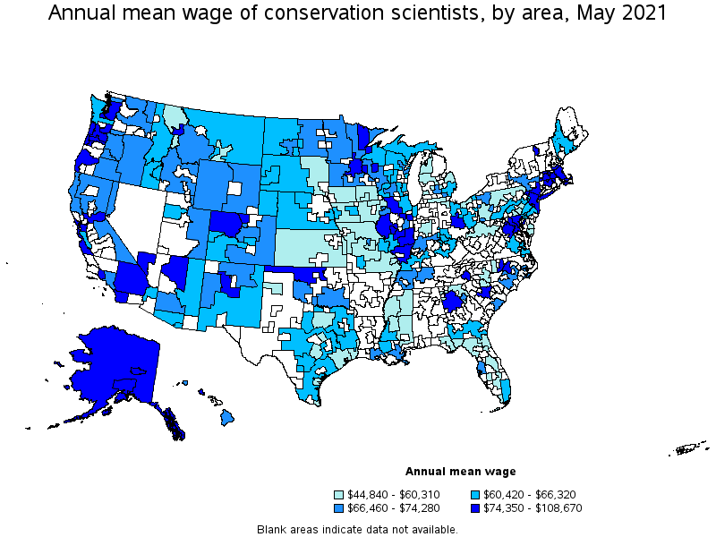 Map of annual mean wages of conservation scientists by area, May 2021