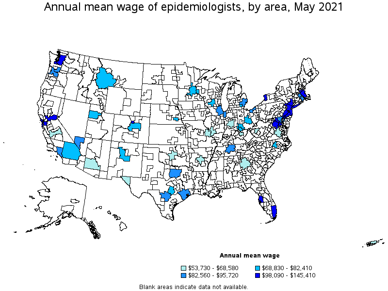 Map of annual mean wages of epidemiologists by area, May 2021
