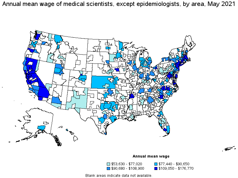 Map of annual mean wages of medical scientists, except epidemiologists by area, May 2021