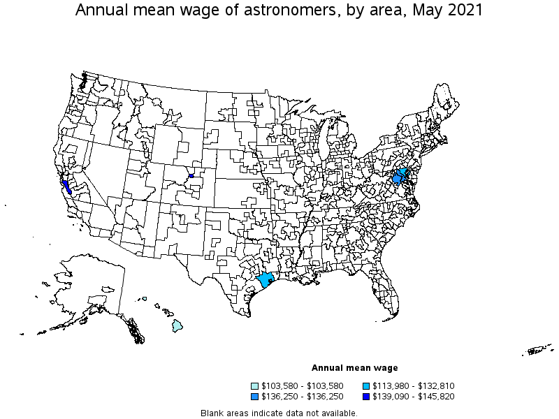 Map of annual mean wages of astronomers by area, May 2021