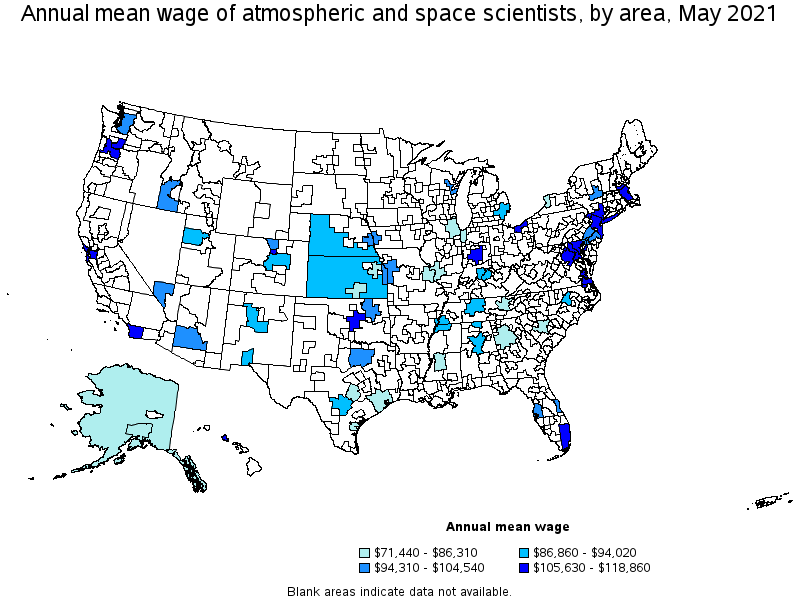 Map of annual mean wages of atmospheric and space scientists by area, May 2021