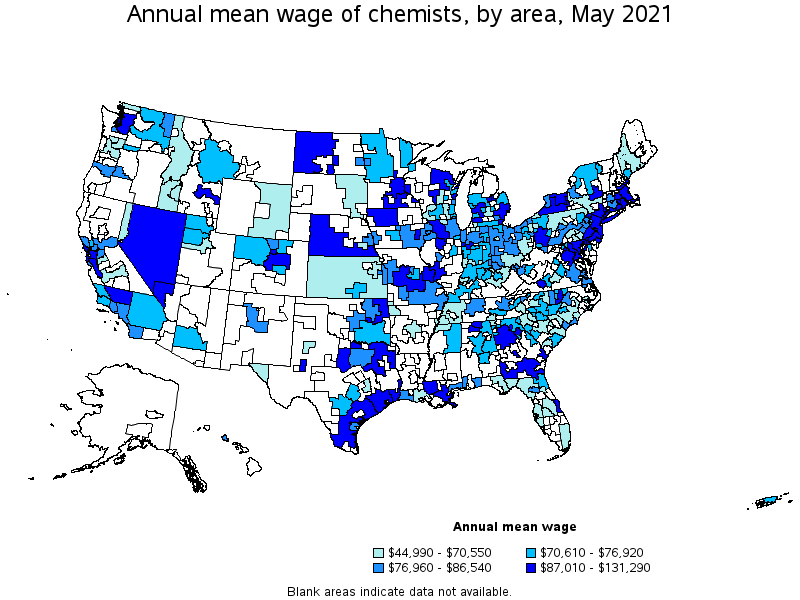 Map of annual mean wages of chemists by area, May 2021