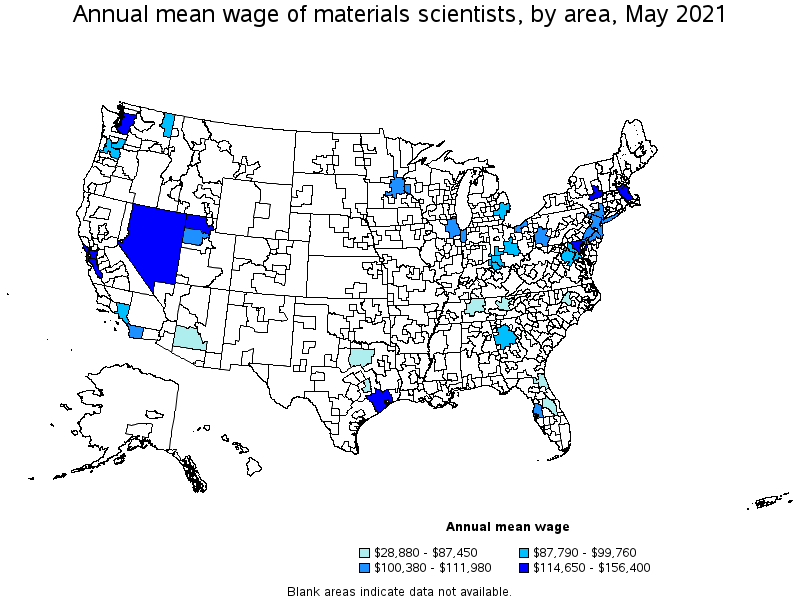 Map of annual mean wages of materials scientists by area, May 2021
