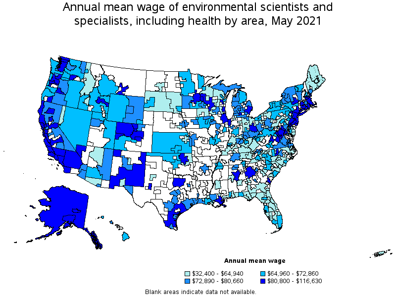 Map of annual mean wages of environmental scientists and specialists, including health by area, May 2021