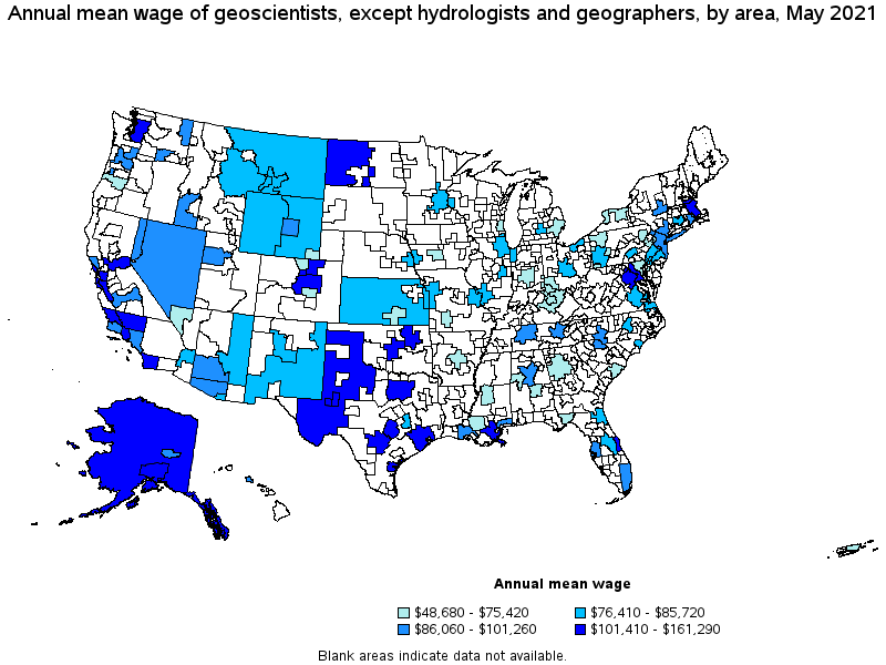 Map of annual mean wages of geoscientists, except hydrologists and geographers by area, May 2021