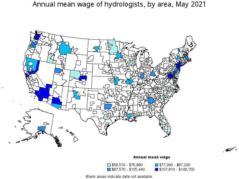Map of annual mean wages of hydrologists by area, May 2021