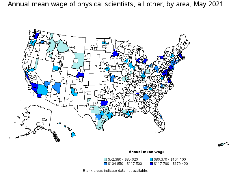 Map of annual mean wages of physical scientists, all other by area, May 2021