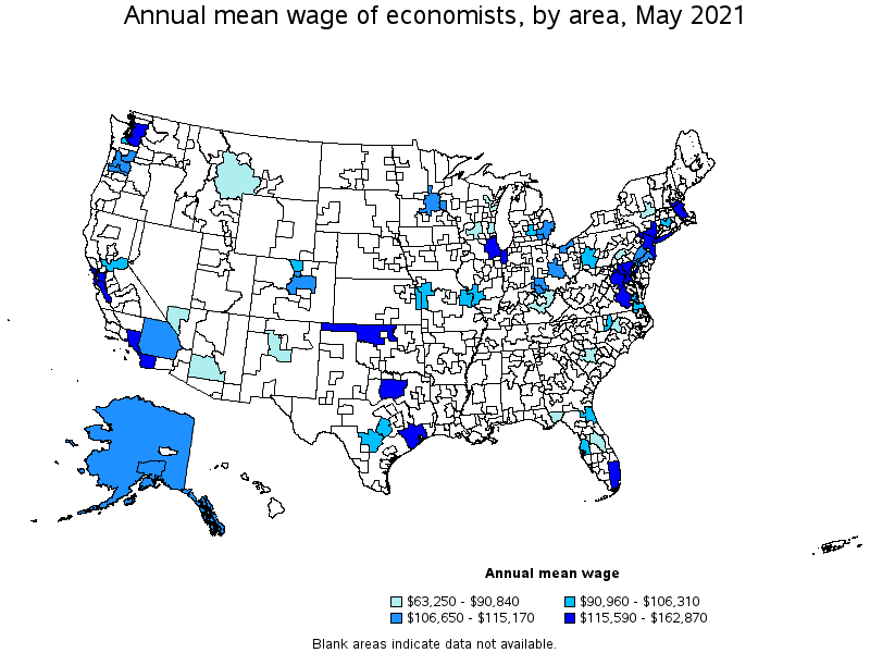 Map of annual mean wages of economists by area, May 2021