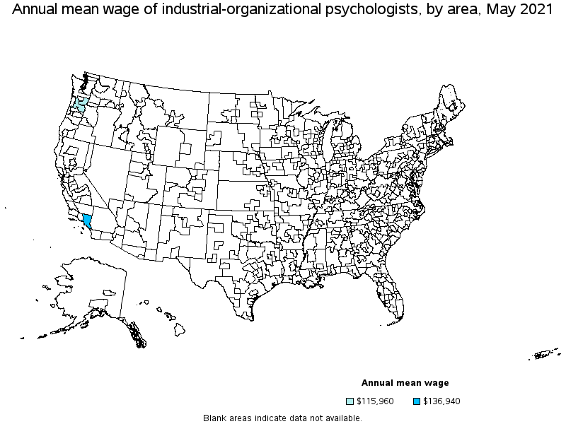 Map of annual mean wages of industrial-organizational psychologists by area, May 2021