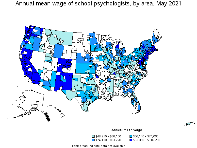 Map of annual mean wages of school psychologists by area, May 2021
