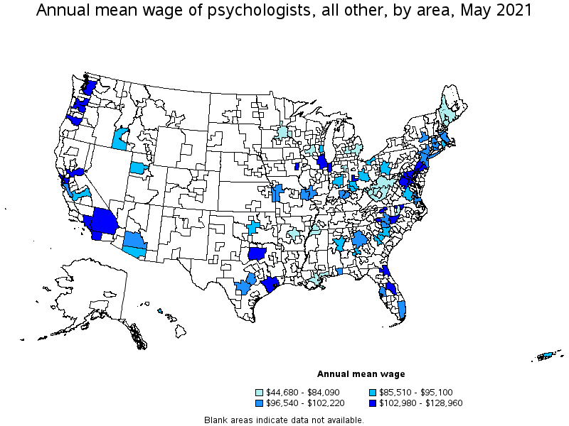 Map of annual mean wages of psychologists, all other by area, May 2021