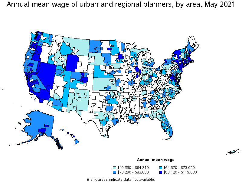 Map of annual mean wages of urban and regional planners by area, May 2021