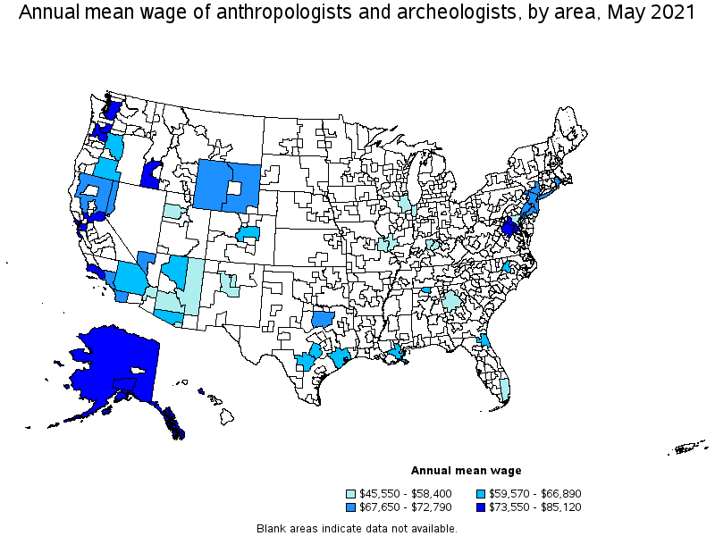 Map of annual mean wages of anthropologists and archeologists by area, May 2021