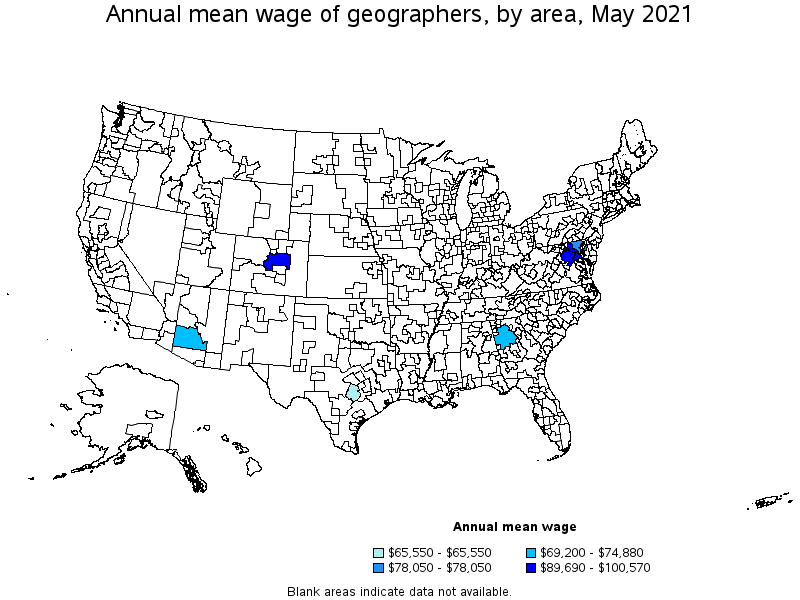 Map of annual mean wages of geographers by area, May 2021