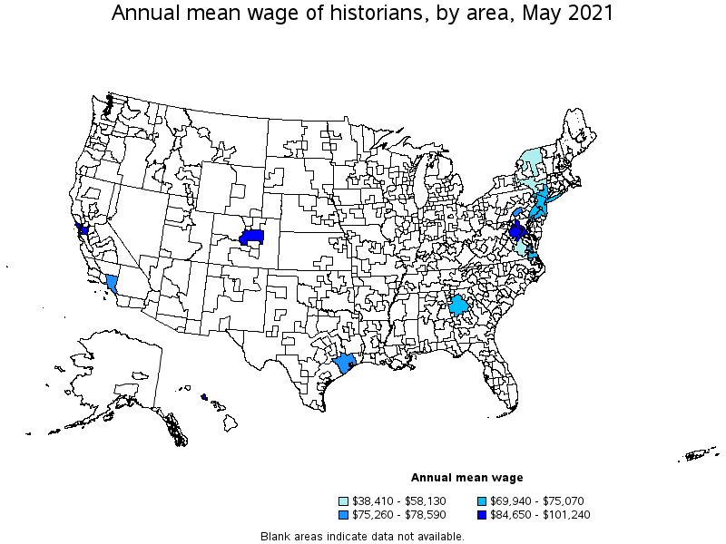 Map of annual mean wages of historians by area, May 2021