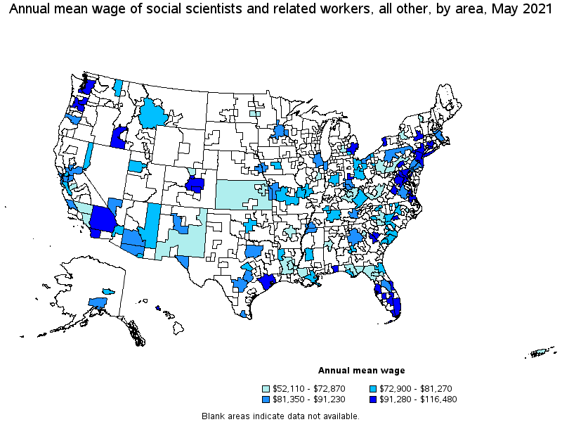 Map of annual mean wages of social scientists and related workers, all other by area, May 2021