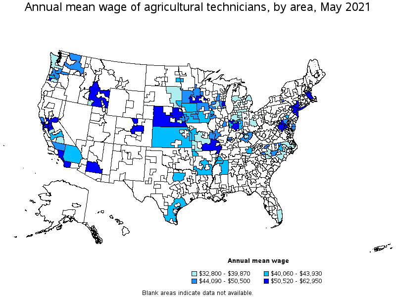 Map of annual mean wages of agricultural technicians by area, May 2021