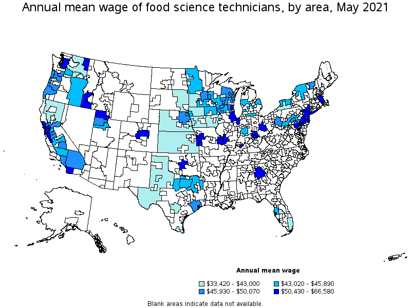 Map of annual mean wages of food science technicians by area, May 2021