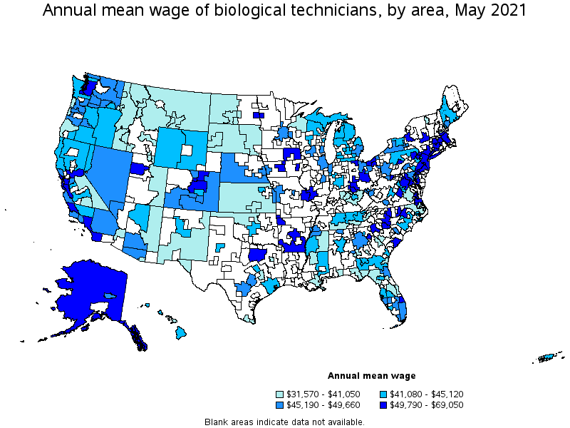 Map of annual mean wages of biological technicians by area, May 2021
