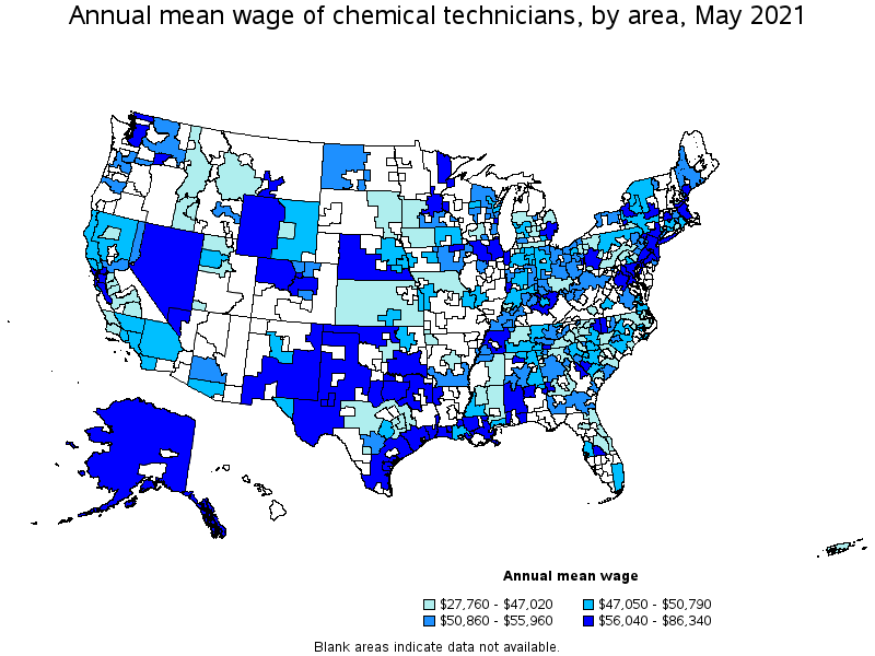Map of annual mean wages of chemical technicians by area, May 2021