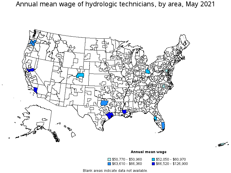 Map of annual mean wages of hydrologic technicians by area, May 2021