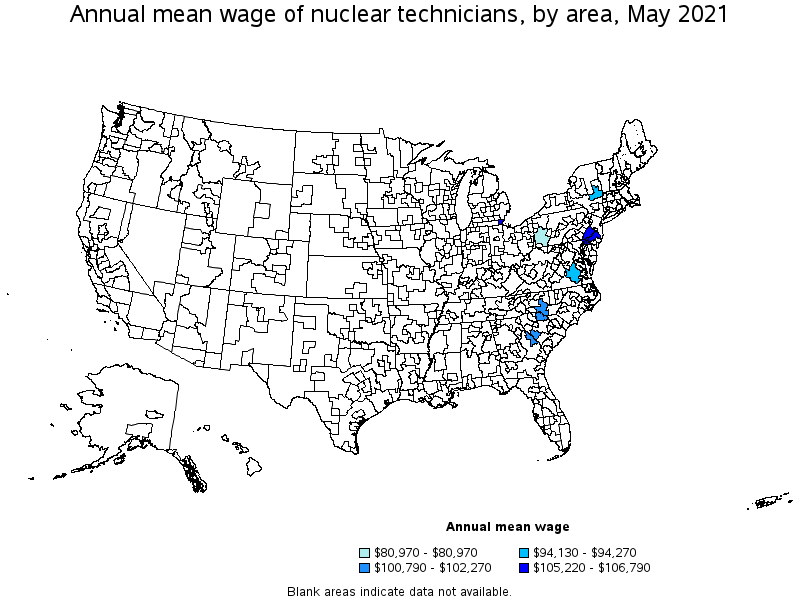 Map of annual mean wages of nuclear technicians by area, May 2021