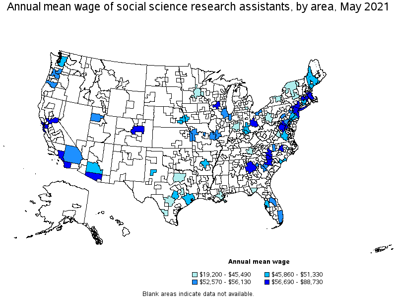 Map of annual mean wages of social science research assistants by area, May 2021