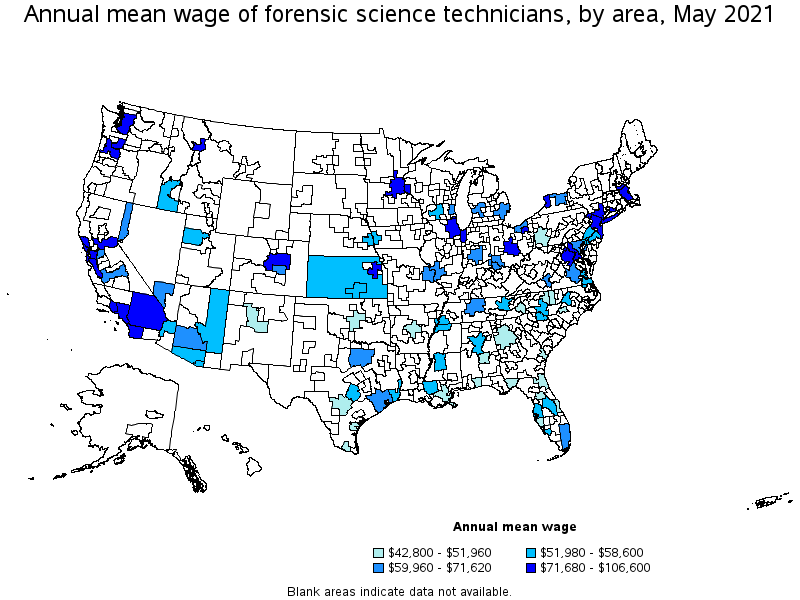 Map of annual mean wages of forensic science technicians by area, May 2021