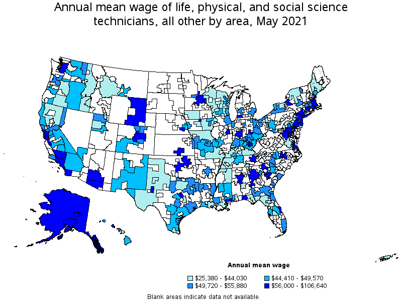 Map of annual mean wages of life, physical, and social science technicians, all other by area, May 2021