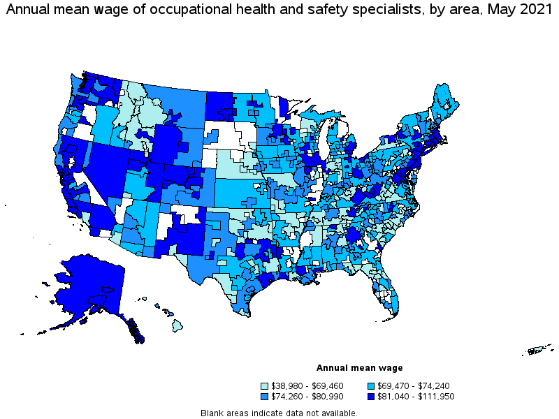 Map of annual mean wages of occupational health and safety specialists by area, May 2021