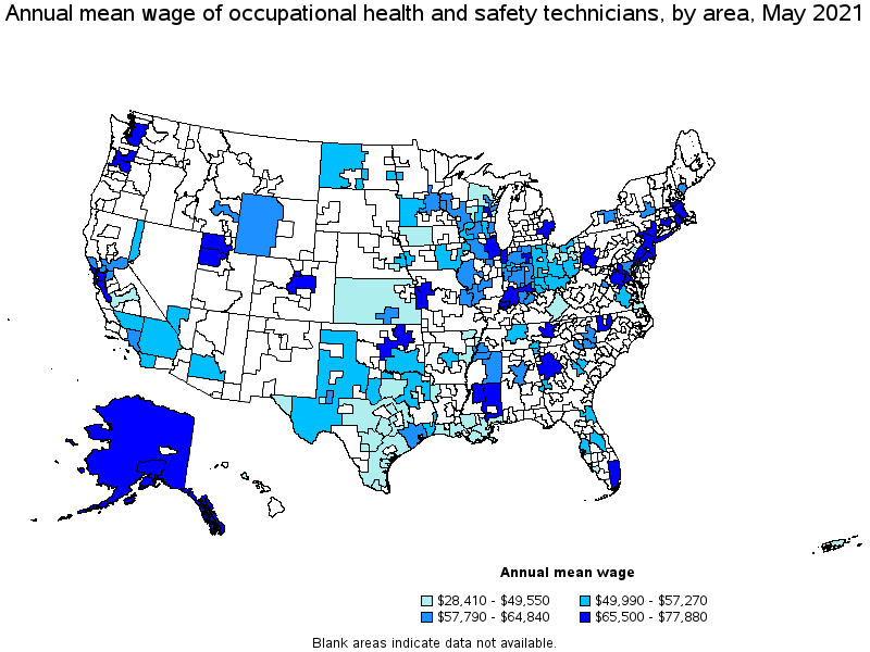 Map of annual mean wages of occupational health and safety technicians by area, May 2021