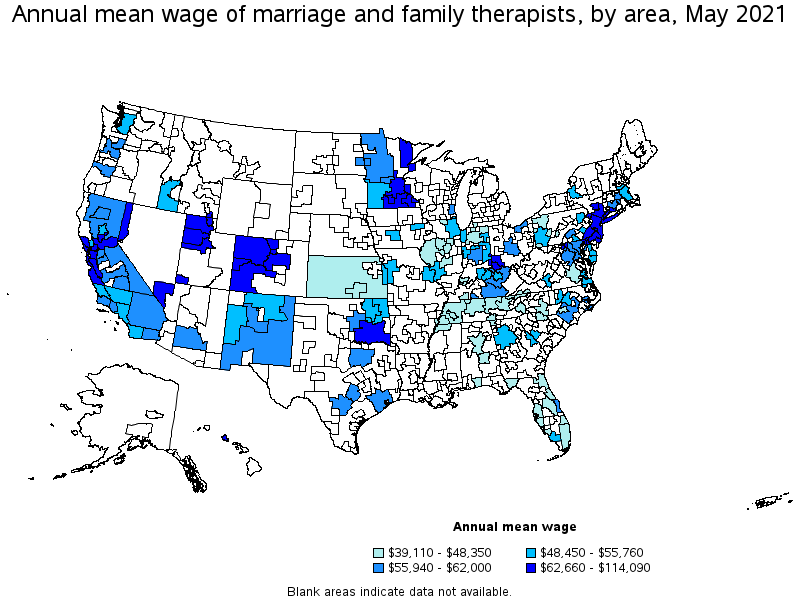 Map of annual mean wages of marriage and family therapists by area, May 2021