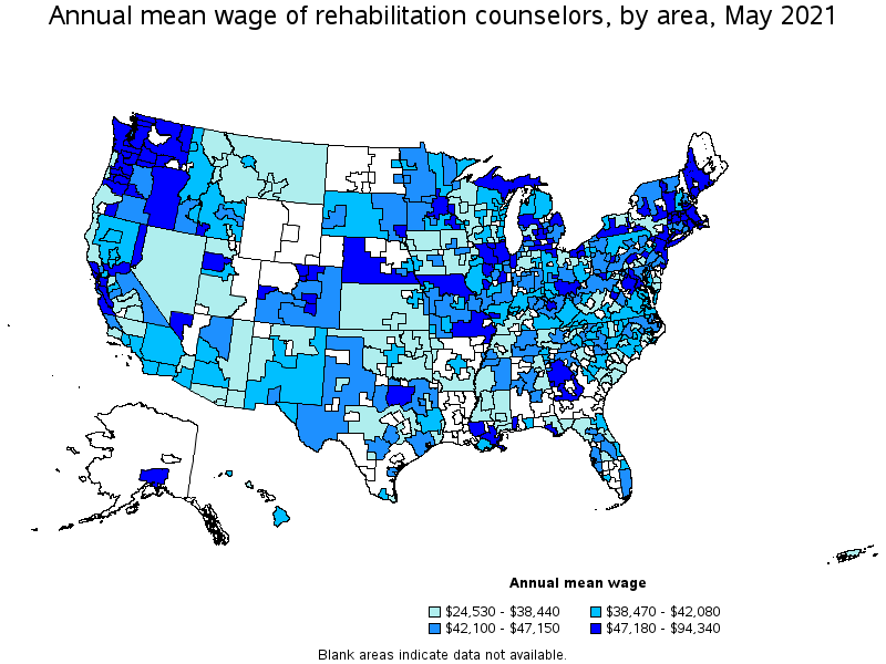 Map of annual mean wages of rehabilitation counselors by area, May 2021