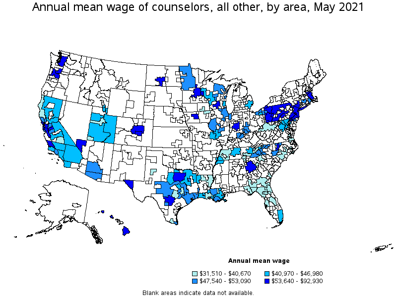 Map of annual mean wages of counselors, all other by area, May 2021