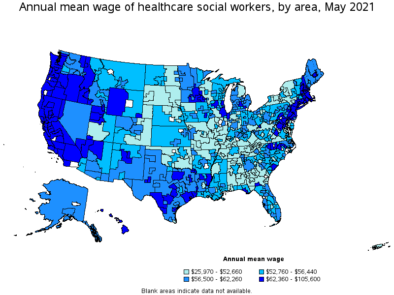 Map of annual mean wages of healthcare social workers by area, May 2021