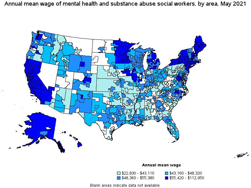Map of annual mean wages of mental health and substance abuse social workers by area, May 2021
