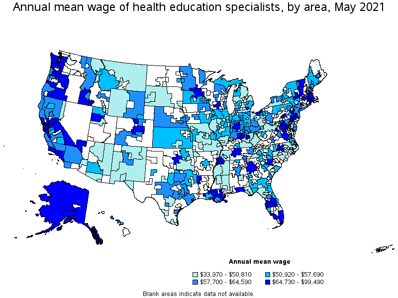 Map of annual mean wages of health education specialists by area, May 2021