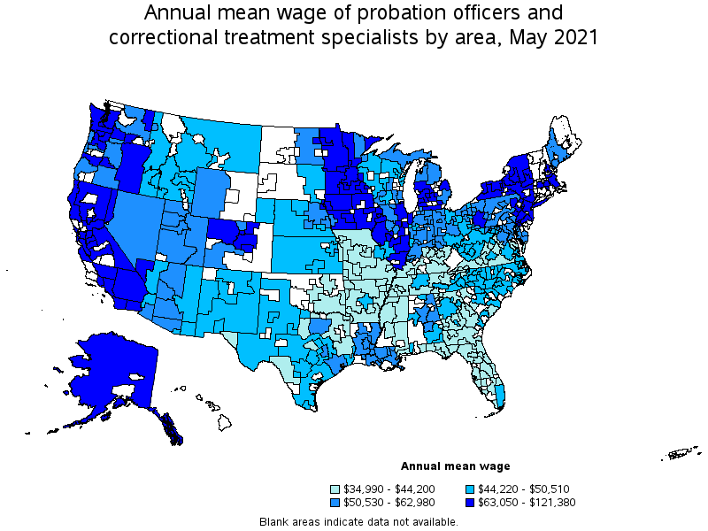 Map of annual mean wages of probation officers and correctional treatment specialists by area, May 2021
